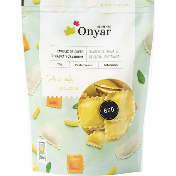 ALIMENTS ONYAR pasta fresca ravioli relleno de queso de cabra y zanahoria ecológico envase 250 g