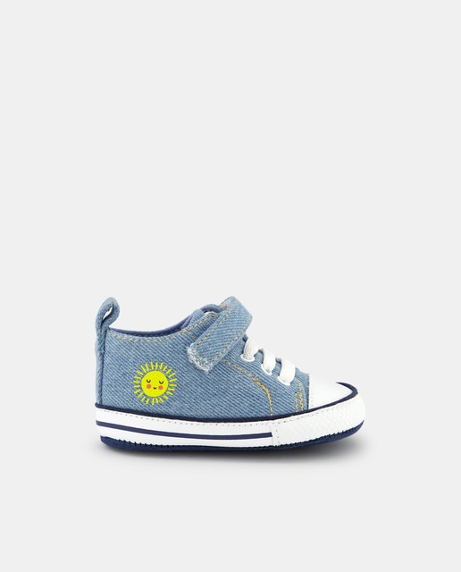 Blue canvas high-top baby trainers with sun design and adhesive strap