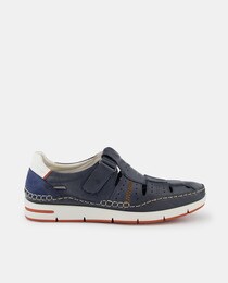 Men's closed leather sandals with sports sole and adhesive strap