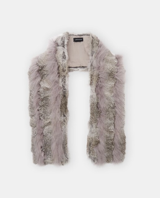 Long pale grey fur stole with feathers