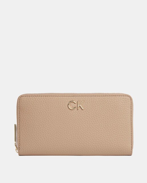 Large brown wallet with zip fastening and metallic logo