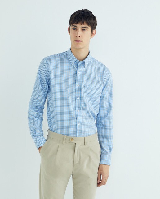 Checked Oxford sports shirt with pointed button collar, angled cuffs and pocket Non iron