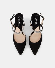 Women's black slingback court shoes with diamanté straps, a pointed toe and funnel heel