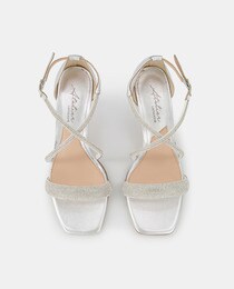 Women's silver sandals with diamanté straps, a square toe and funnel heel