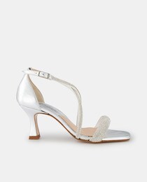 Women's silver sandals with diamanté straps, a square toe and funnel heel