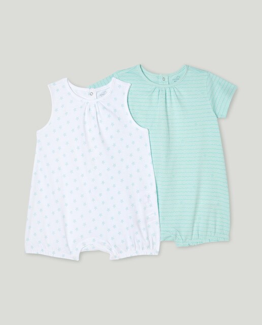 Pack of 2 baby girls' starfish and stripe print rompers