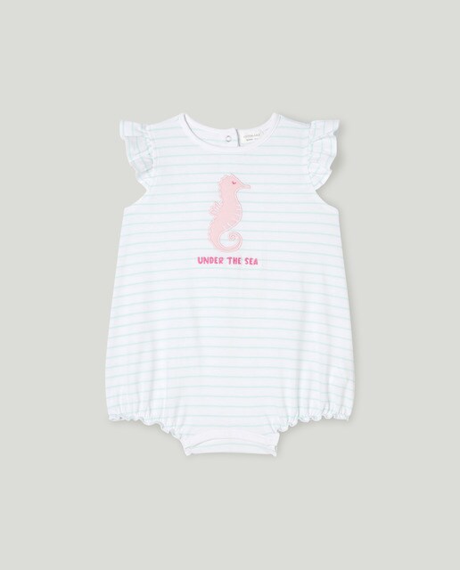 Baby girls' striped romper with seahorse print