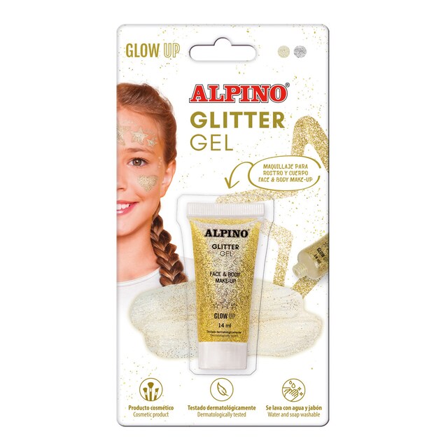 Blister maquillaje gel transparente con purpurina glitter Alpino oro
