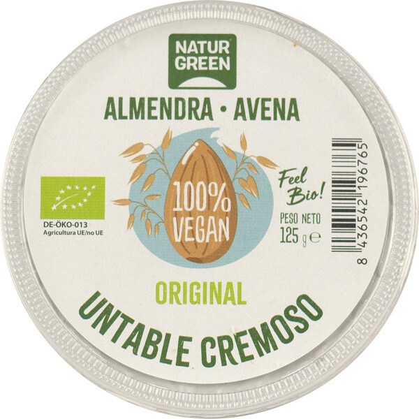 NATURGREEN untable cremoso ecológico de avena y almendra sabor natural tarrina 125 g