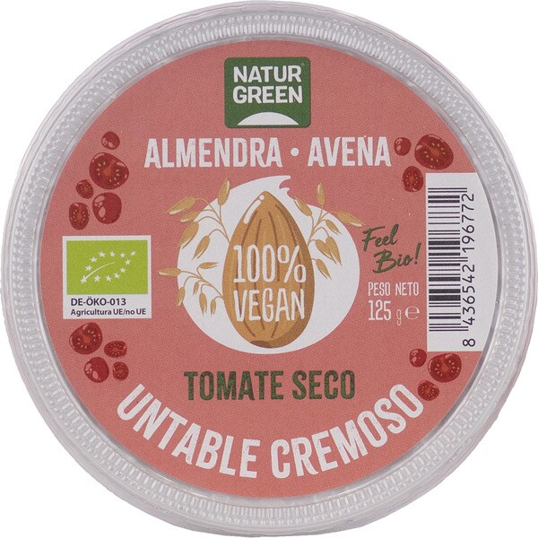 NATURGREEN untable cremoso ecológico de avena y almendra sabor tomate seco tarrina 125 g