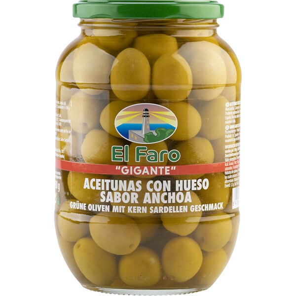 EL FARO Gigante aceitunas manzanilla con hueso sabor anchoa frasco 500 g neto escurrido