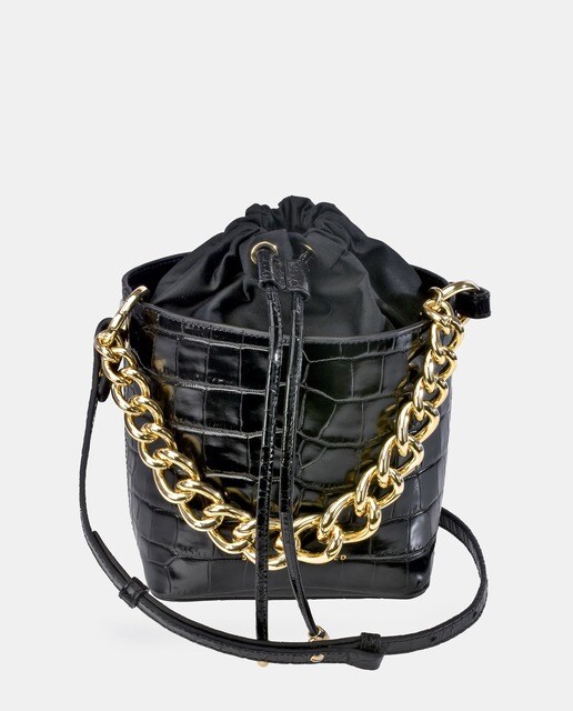 Mini sac à bandoulière en cuir gravé noir avec chaîne en métal