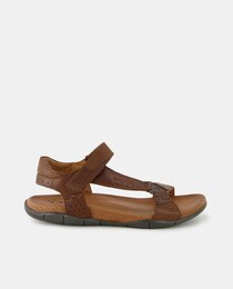 Men's open-toe leather sandals with logo straps and adhesive strap