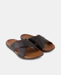Men's open-toe leather sandals with wide criss-cross straps and rubber sole
