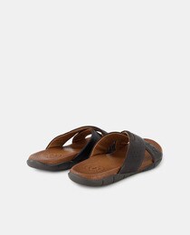 Men's open-toe leather sandals with wide criss-cross straps and rubber sole