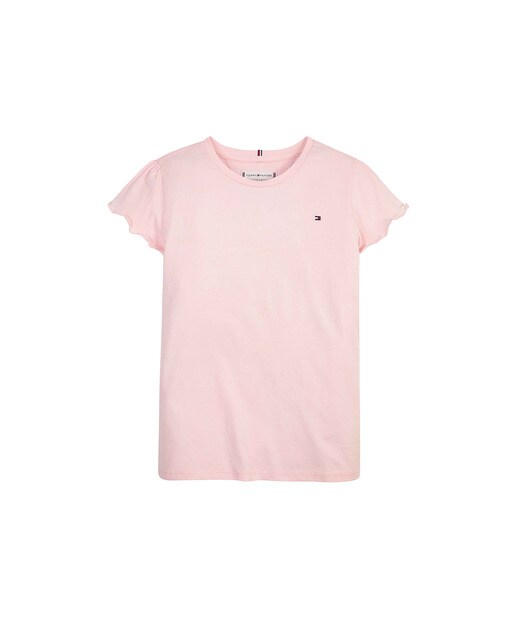 Girls' T-shirt with short sleeves with lettuce edge finish and flag logo on the chest