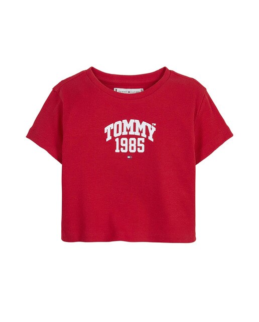 Top fille côtelé à manches courtes avec logo Tommy sur la poitrine