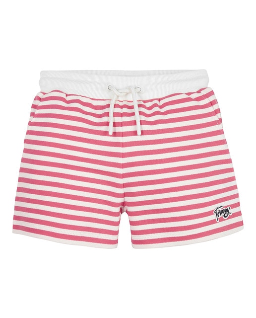 Girls' stripe print knit shorts with an elastic waist and Tommy logo