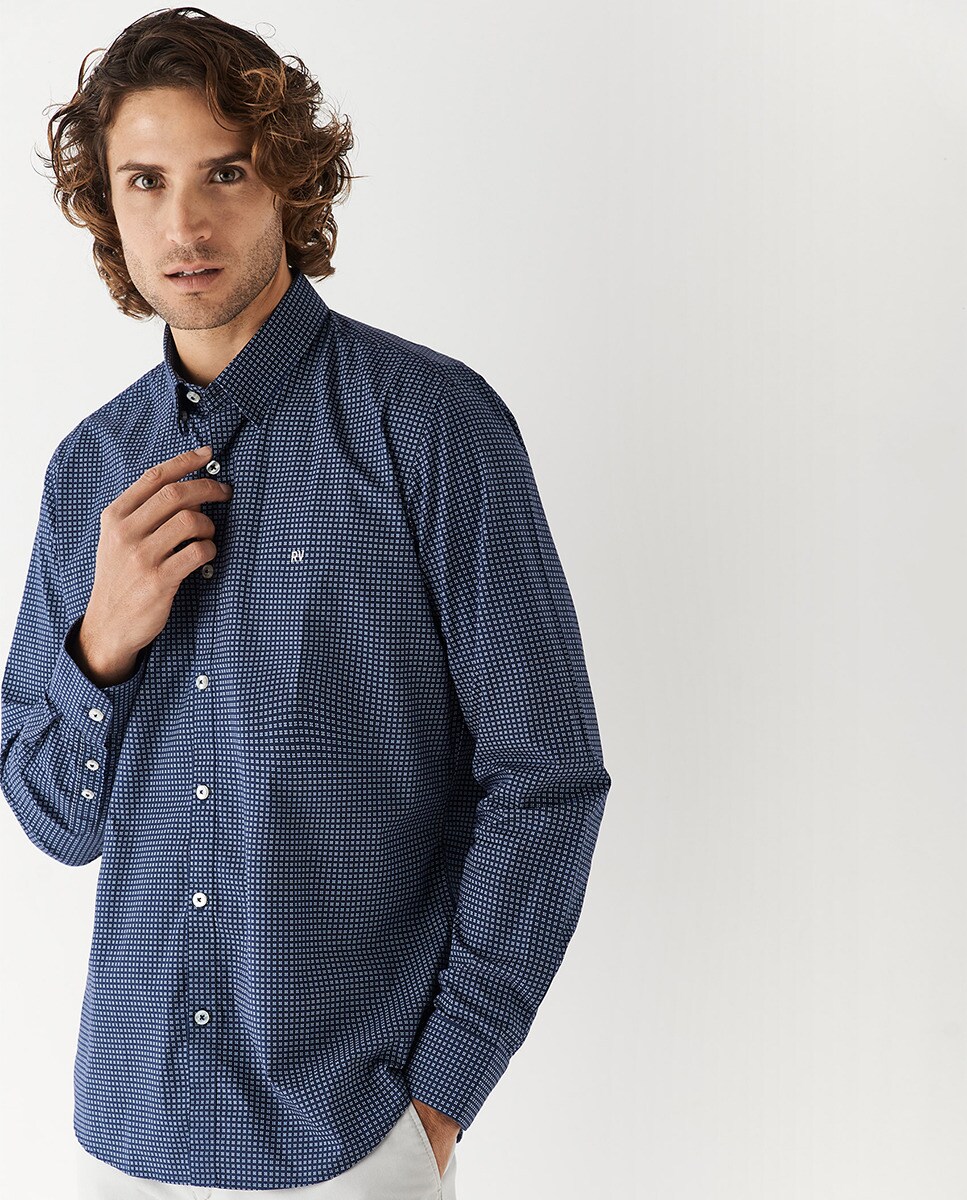 Men's slimfit navy blue sports shirt with a white geometric floral