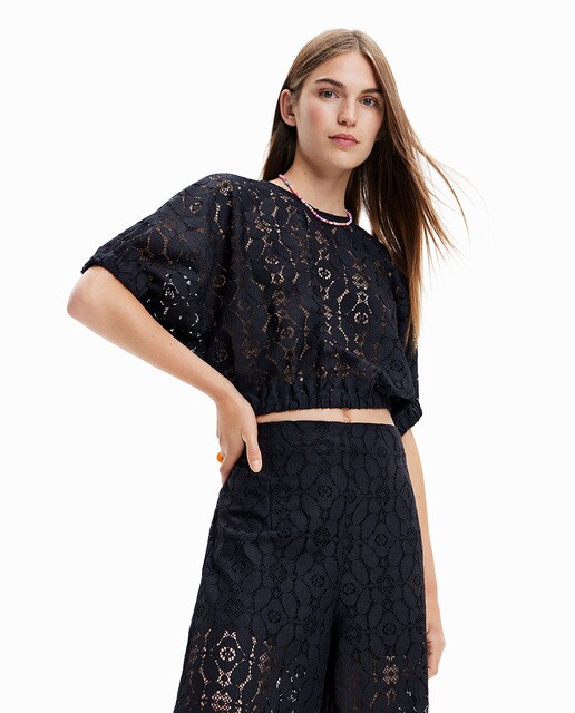 Chemisier cropped bouffant dentelle