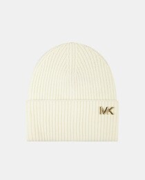 Beige beanie with metallic logo