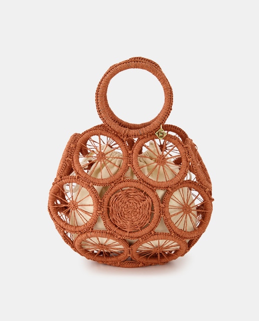 Rounded paper handbag with orange mesh.