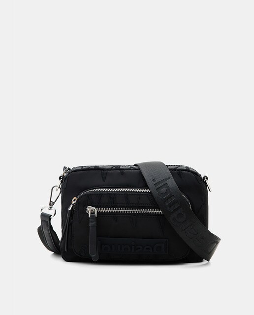 Small black nylon crossbody bag with zigzag embroidery · Women's