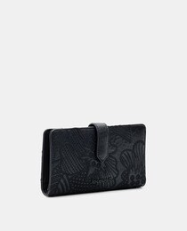 Medium black wallet with embroidered flowers