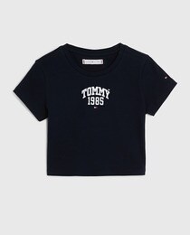 Top fille côtelé à manches courtes avec logo Tommy sur la poitrine