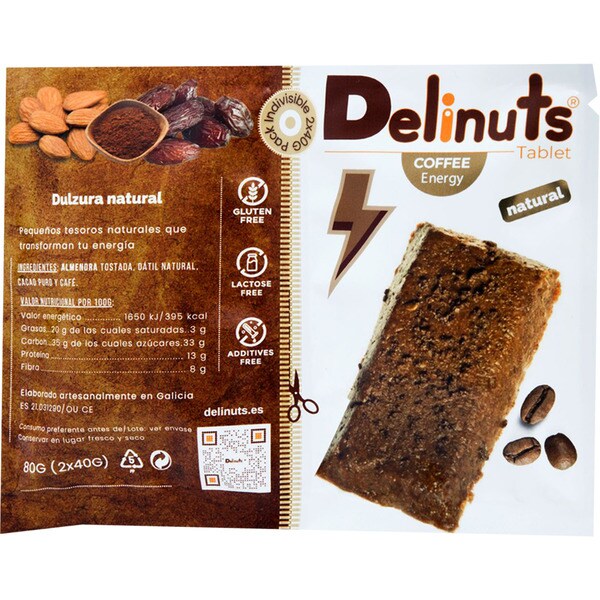 DELINUTS barritas coffee almendra tostada, dátil natural, cacao puro y café sin gluten pack 2 envase 40 g