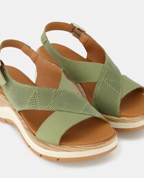 Women's nubuck wedge sandals with a round toe, embossed strap and buckle fastening