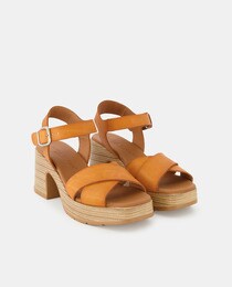 Women's leather high-heel sandals with wide criss-cross straps, ankle strap and block heel