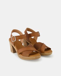 Women's leather high-heel sandals with wide criss-cross straps, ankle strap and block heel