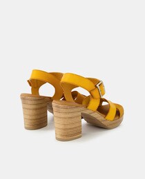 Women's leather high-heel sandals with wide criss-cross straps, ankle strap and block heel