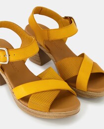 Women's leather high-heel sandals with wide criss-cross straps, ankle strap and block heel