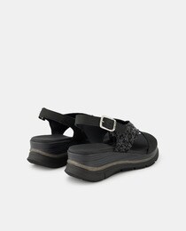 Women's nubuck wedge sandals with a round toe, embellished strap and buckle fastening