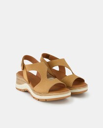 Women's nubuck wedge sandals with a round toe and adhesive strap