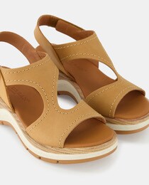 Women's nubuck wedge sandals with a round toe and adhesive strap