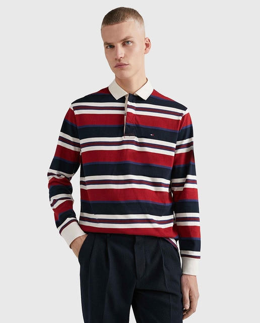 Polo de rugby rayé bleu marine et rouge grandes tailles