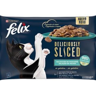 Purina Felix Alimento Húmido para Gato Deliciously Sliced Seleção de Peixes Pack 4 unidades embalagem 340 g