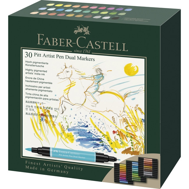 Estuche de cartón con 30 rotuladores Pitt Artist Pen Dual Marker con doble punta Faber-Castell.