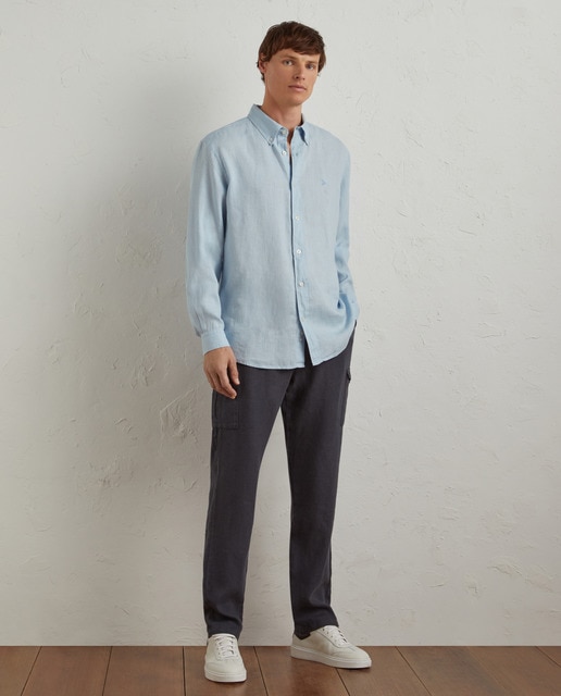Camisa lisa manga larga de lino de hombre
