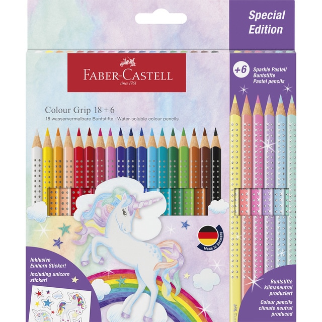 Estuche de cartón con 18 lapiceros Grip más 6 lapiceros Sparkle Faber-Castell.