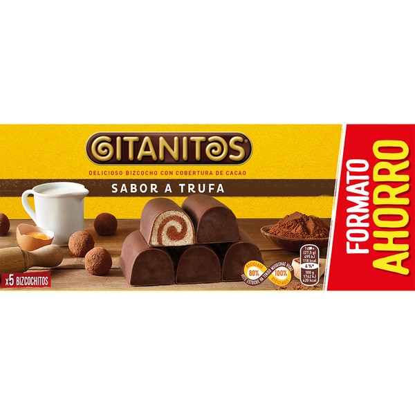 GITANITOS bizcochos con cobertura de cacao y relleno con sabor a trufa paquete 6 unidades