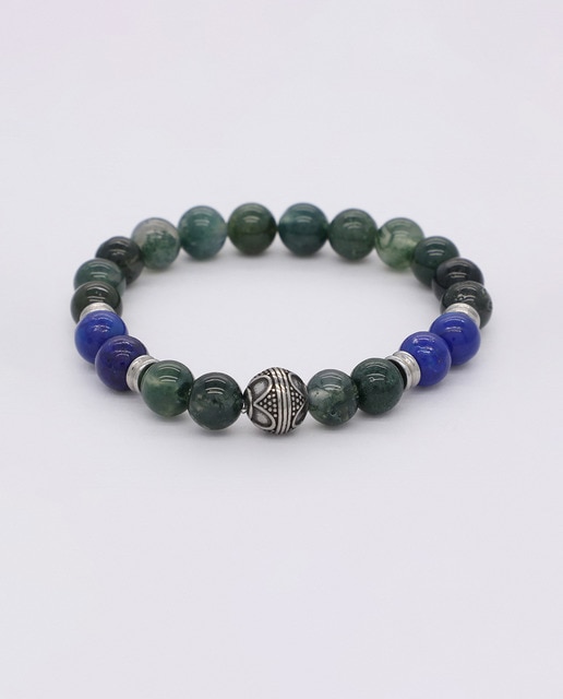 Pulsera perlas musgo agata verde y lapis