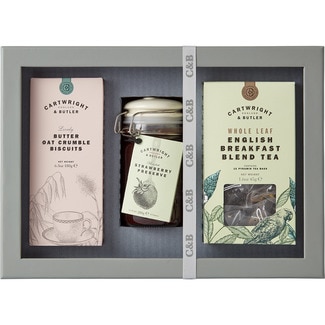 CARTWRIGHT & BUTLER Butter biscuits 180 g box, strawberry jam jar 280 g, breakfast tea container 45 g
