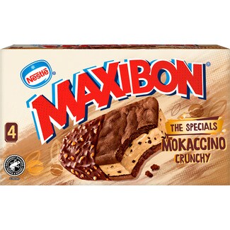 NESTLE MAXIBON Mocaccino Crunchy sándwich de helado sabor café con leche y trozos de chocolate 4 unidades estuche 360 ml