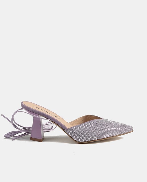 Cinzia women's court shoes with rhinestone detail, ribbons at ankle and funnel heel