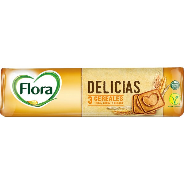 FLORA Delicias galletas con 3 cereales trigo, arroz y cebada paquete 200 g