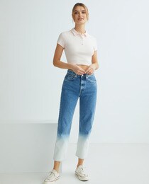 Polo femme style cropped à manches courtes en tissu côtelé